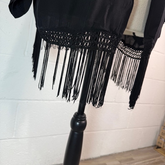 Forgotten Grace Black Fringed with Embroidered Back Design Kimono - Picture 3 of 10